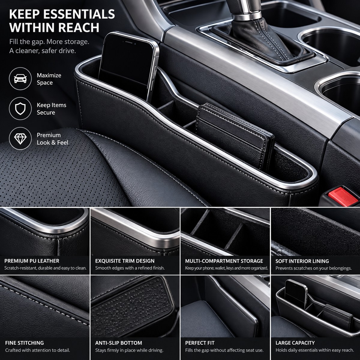 zuvqelix Black Seat Gap Organizer — feature overview