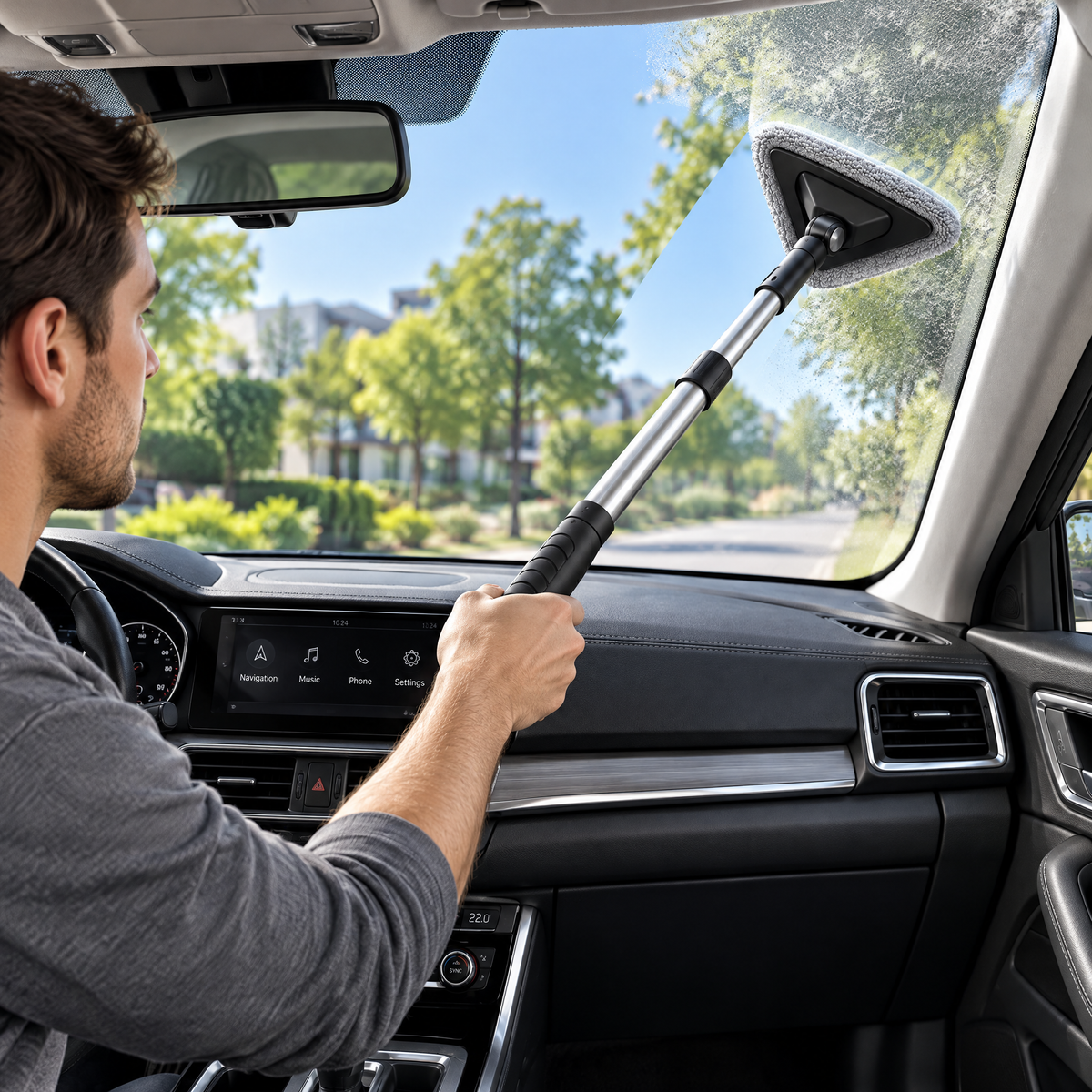 zuvqelix Long-Handle Windshield Cleaning Tool — in-car use
