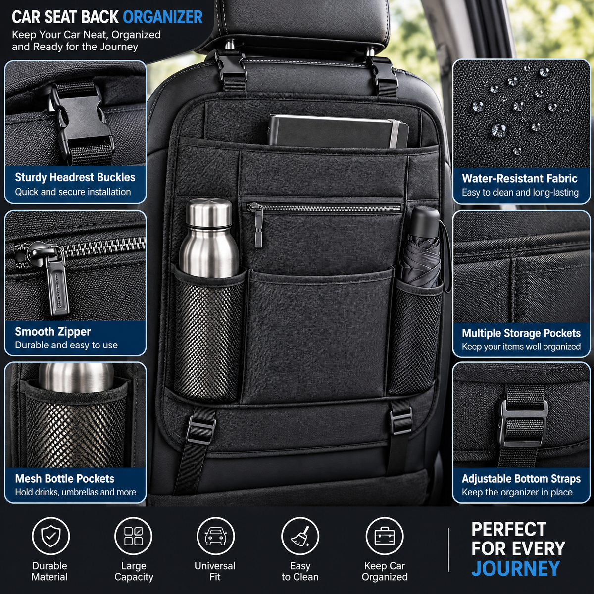 zuvqelix Charcoal Seat Back Organizer — feature overview