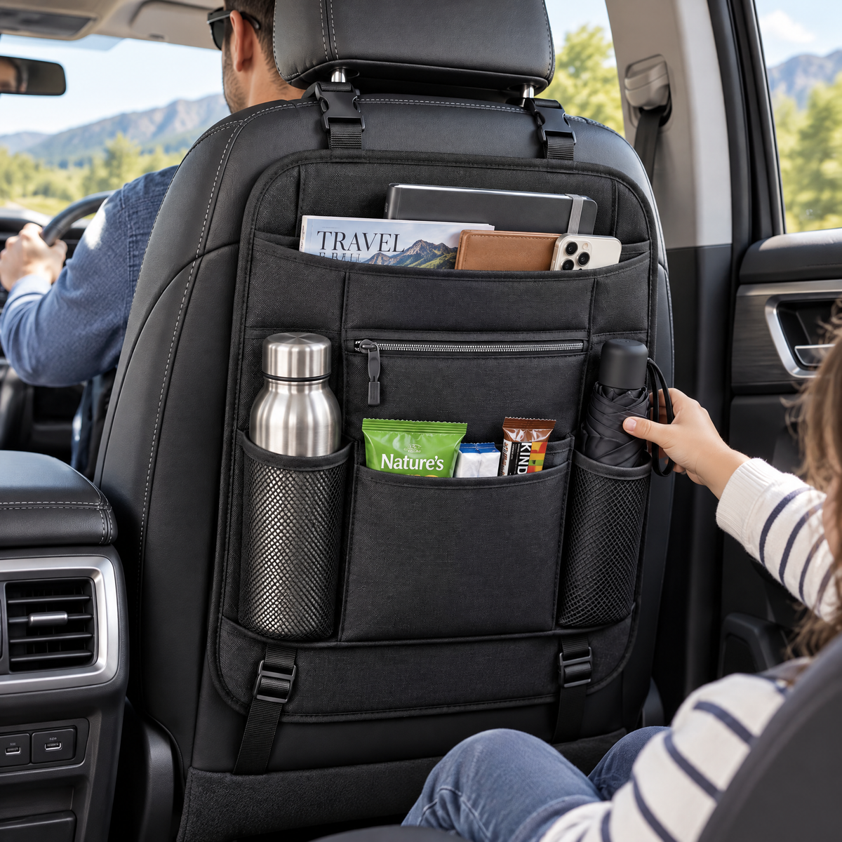 zuvqelix Charcoal Seat Back Organizer — in-car use