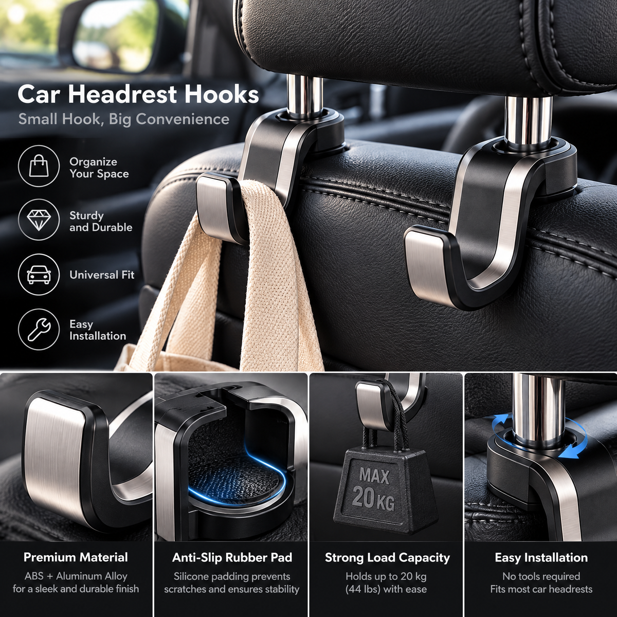 zuvqelix Black & Silver Headrest Hooks — feature overview
