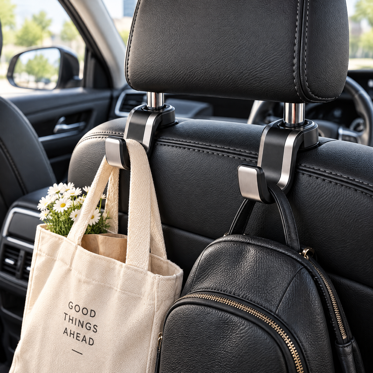 zuvqelix Black & Silver Headrest Hooks — in-car use