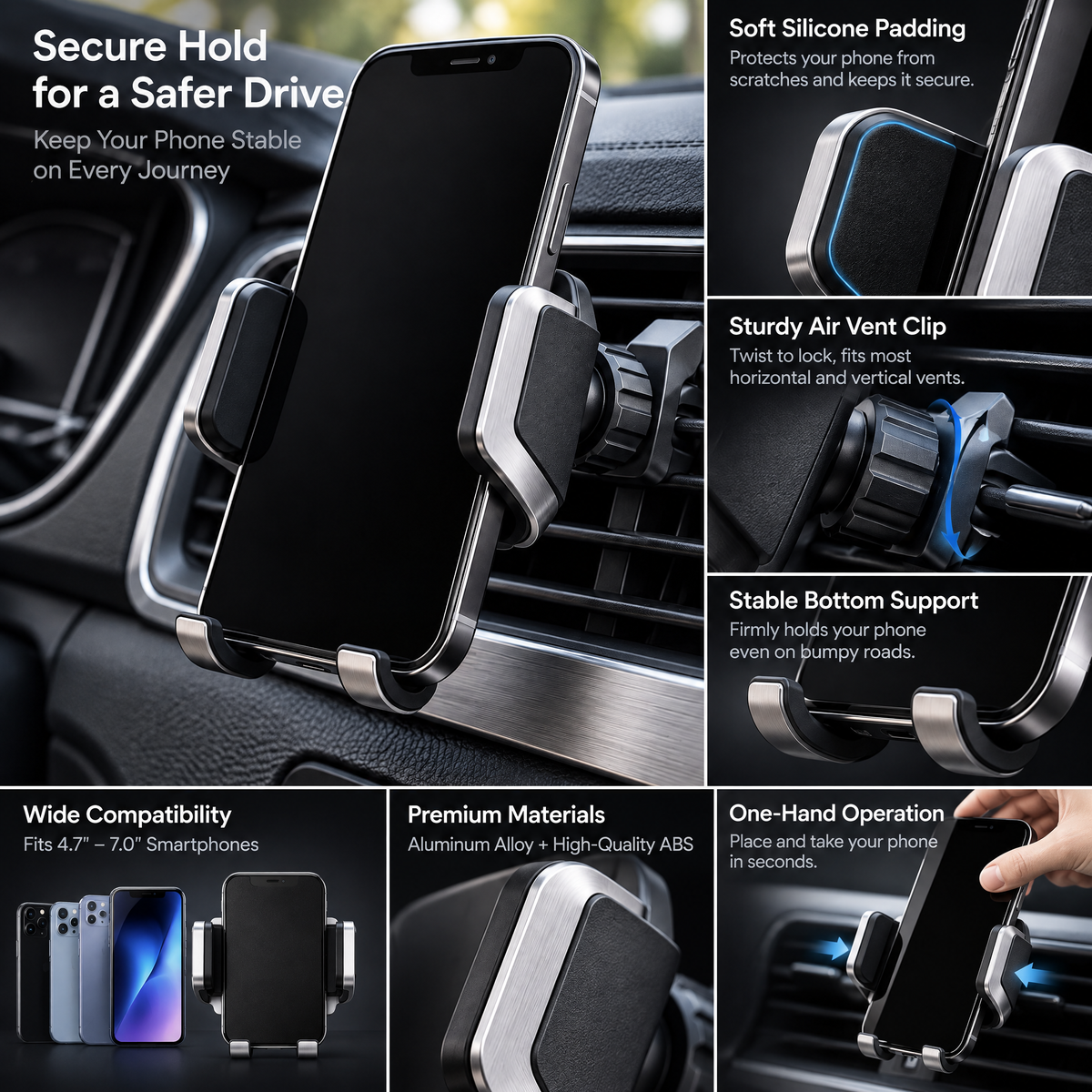zuvqelix Black & Silver Air Vent Phone Mount — feature overview