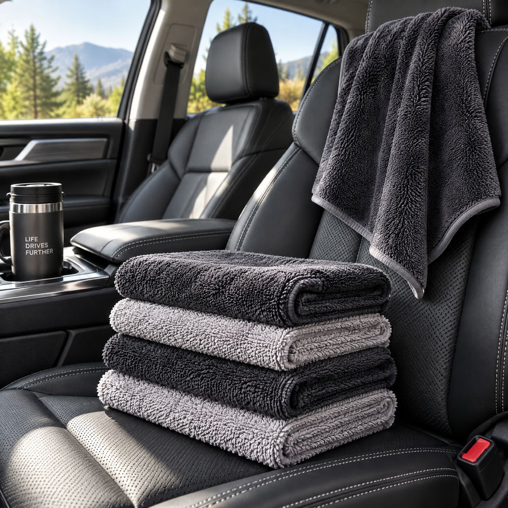 Gray microfiber cloths for car interior care